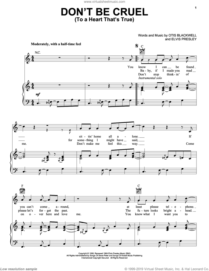 Don't Be Cruel (To A Heart That's True) sheet music for voice, piano or guitar by Elvis Presley, Cheap Trick and Otis Blackwell, intermediate skill level
