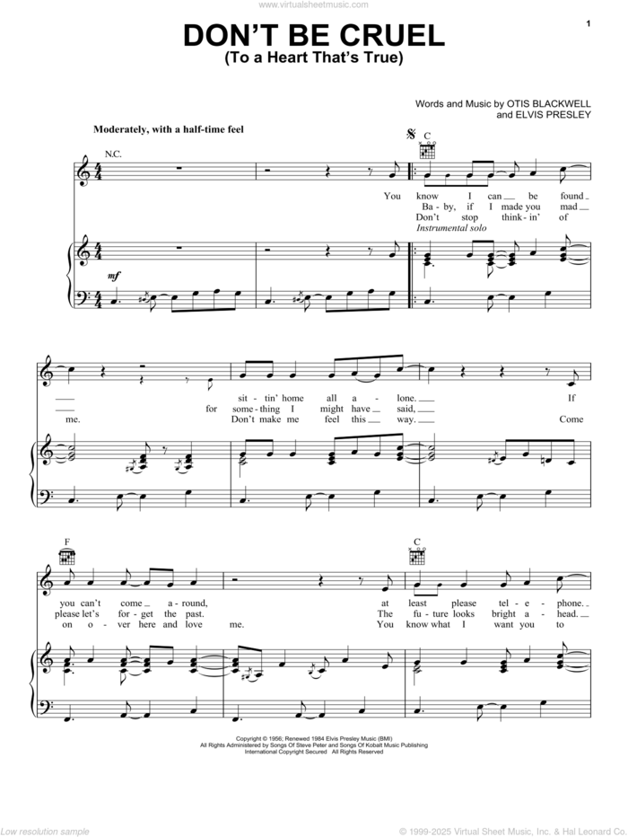 Don't Be Cruel (To A Heart That's True) sheet music for voice, piano or guitar by Elvis Presley, Cheap Trick and Otis Blackwell, intermediate skill level