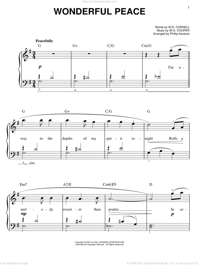 Wonderful Peace (arr. Phillip Keveren) sheet music for piano solo by W.D. Cornell, Phillip Keveren and W.G. Cooper, easy skill level