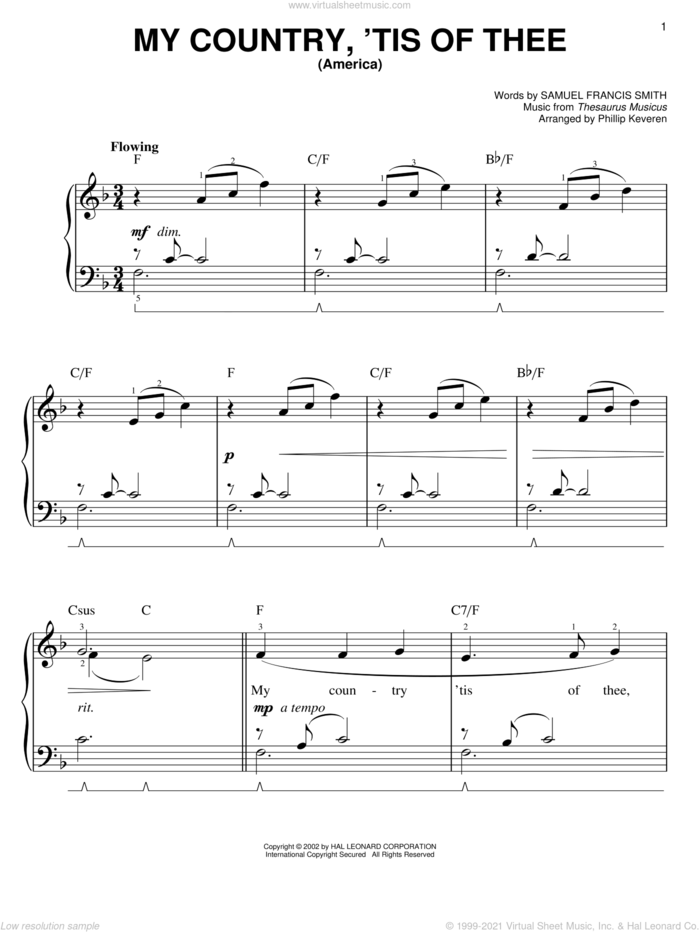 My Country, 'Tis Of Thee (America) (arr. Phillip Keveren) sheet music for piano solo by Samuel Francis Smith, Phillip Keveren and Thesaurus Musicus, easy skill level