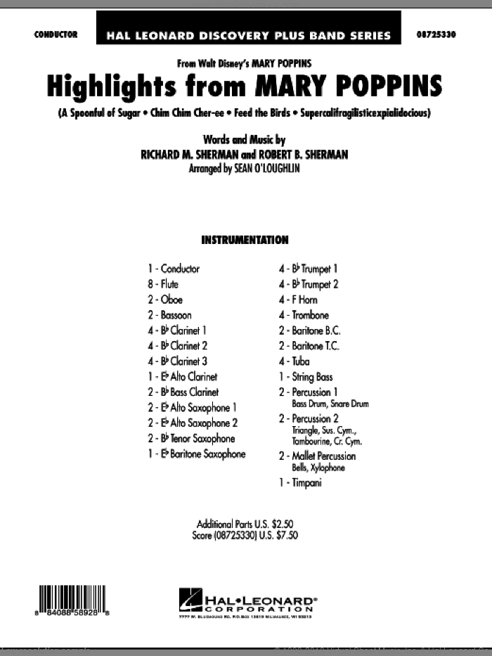 Highlights from Mary Poppins (COMPLETE) sheet music for concert band by Richard M. Sherman, Robert B. Sherman, Mary Poppins (Movie) and Sherman Brothers, intermediate skill level