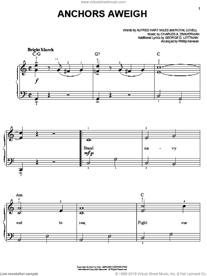 Anchors Aweigh (arr. Phillip Keveren) sheet music for piano solo by Alfred Hart Miles, Phillip Keveren, Charles A. Zimmerman, George D. Lottman and Royal Lovell, easy skill level