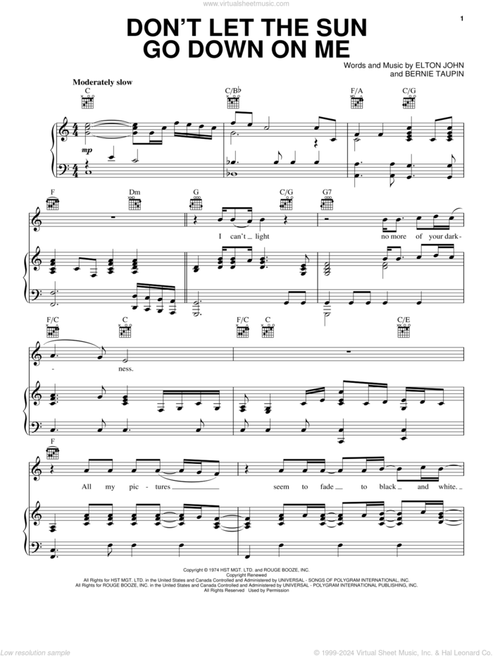 Don't Let The Sun Go Down On Me sheet music for voice, piano or guitar by Elton John, George Michael and Bernie Taupin, intermediate skill level