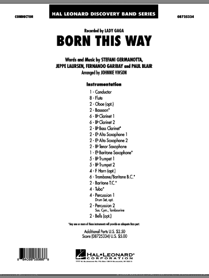 Born This Way (COMPLETE) sheet music for concert band by Lady GaGa, Fernando Garibay, Jeppe Laursen, Johnnie Vinson and Paul Blair, intermediate skill level