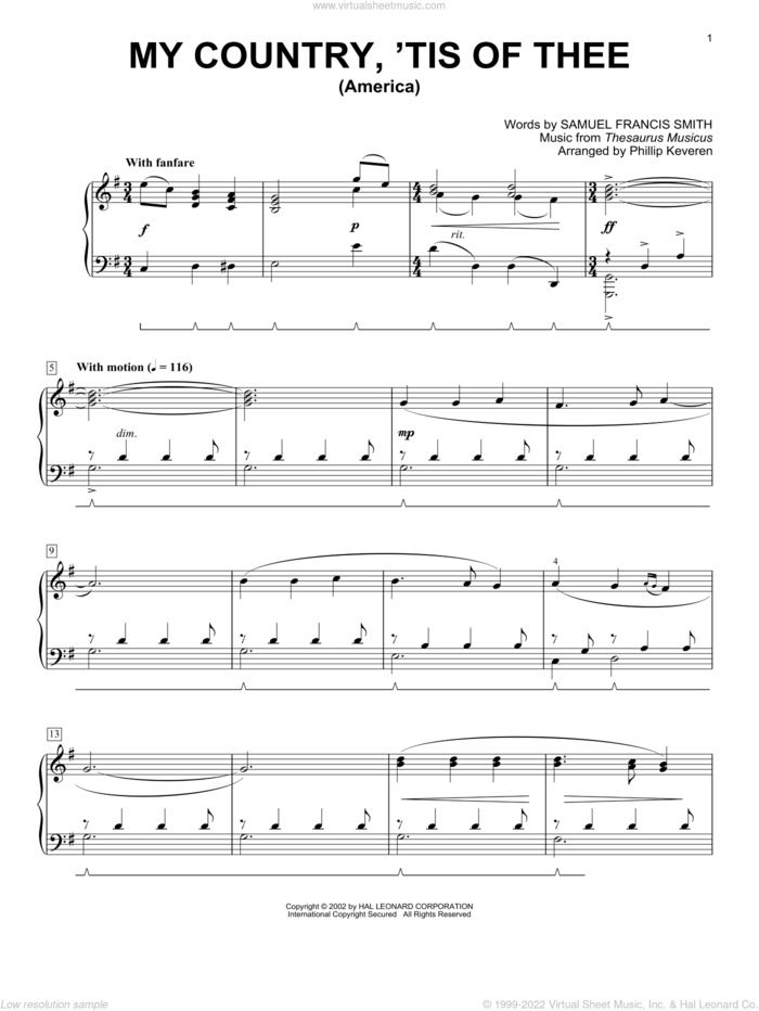 My Country, 'Tis Of Thee (America) (arr. Phillip Keveren) sheet music for piano solo by Samuel Francis Smith, Phillip Keveren and Thesaurus Musicus, intermediate skill level
