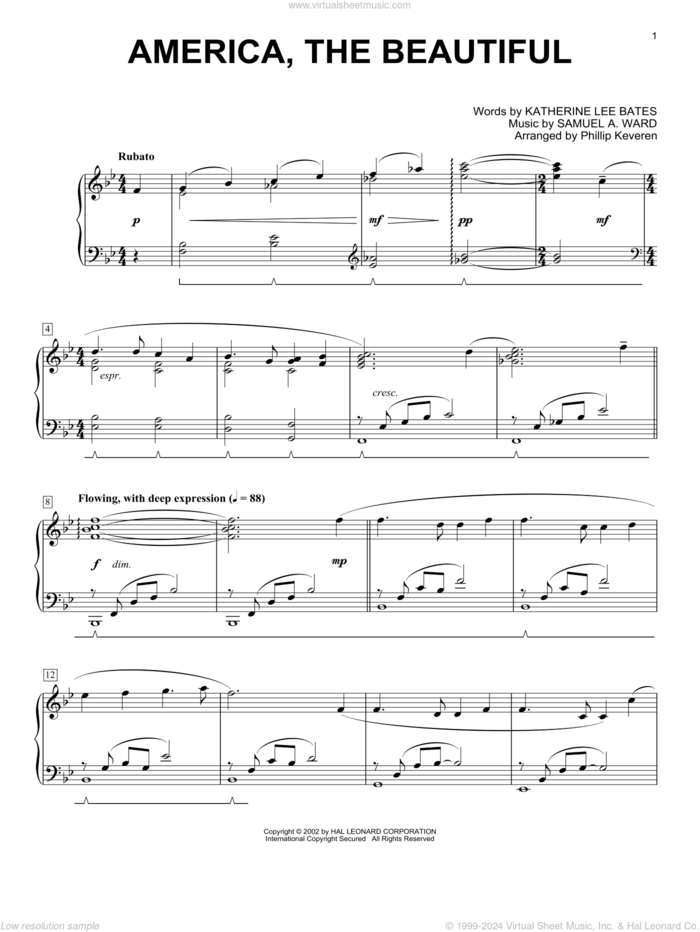 America, The Beautiful (arr. Phillip Keveren) sheet music for piano solo by Phillip Keveren, Katharine Bates, Katherine Lee Bates and Samuel Augustus Ward, intermediate skill level