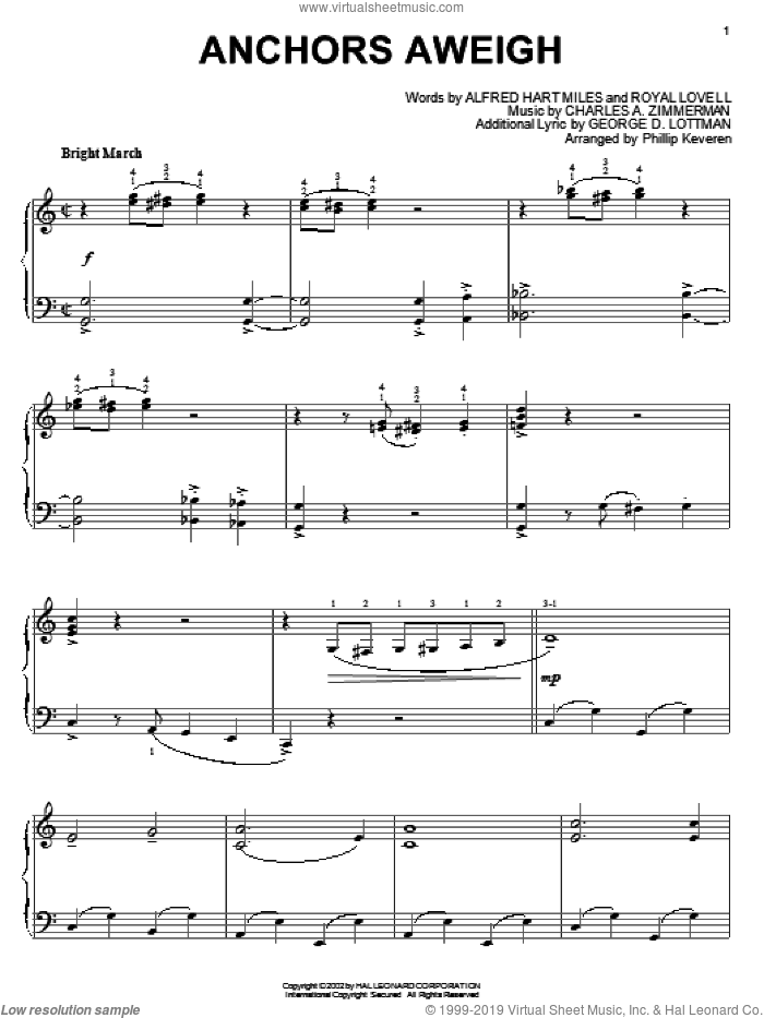 Anchors Aweigh (arr. Phillip Keveren), (intermediate) sheet music for piano solo by Alfred Hart Miles, Phillip Keveren, Charles A. Zimmerman, George D. Lottman and Royal Lovell, intermediate skill level