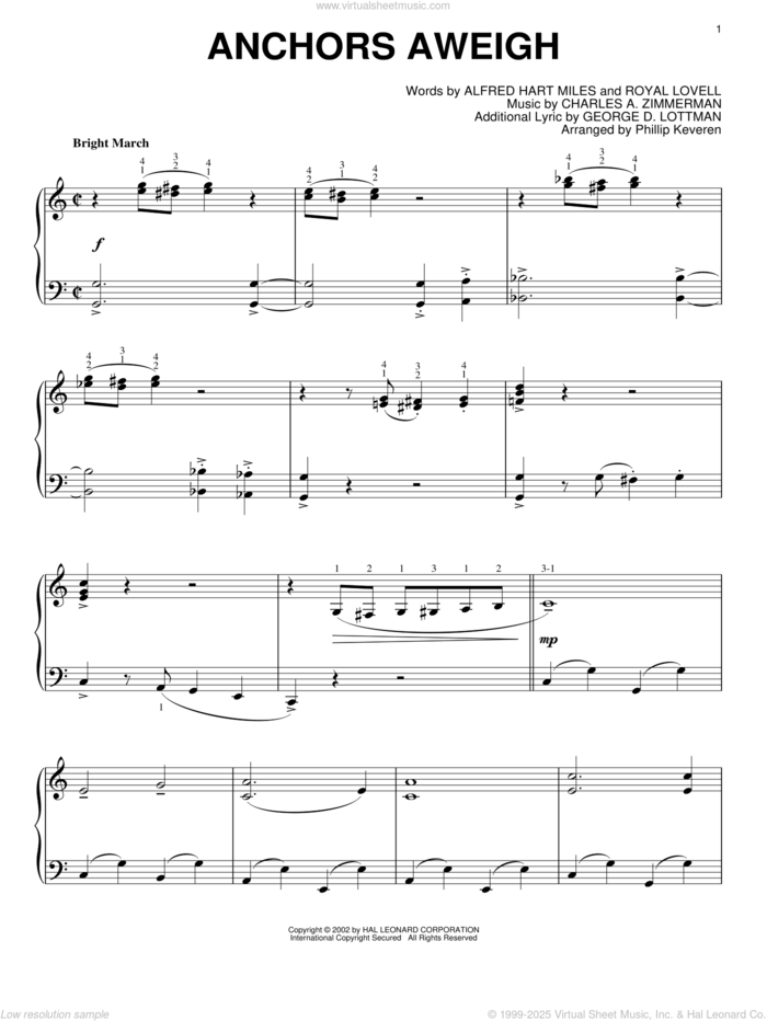 Anchors Aweigh (arr. Phillip Keveren), (intermediate) sheet music for piano solo by Alfred Hart Miles, Phillip Keveren, Charles A. Zimmerman, George D. Lottman and Royal Lovell, intermediate skill level
