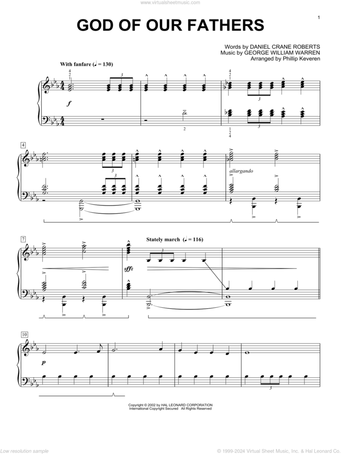 God Of Our Fathers (arr. Phillip Keveren), (intermediate) sheet music for piano solo by Daniel Crane Roberts, Phillip Keveren and George William Warren, intermediate skill level