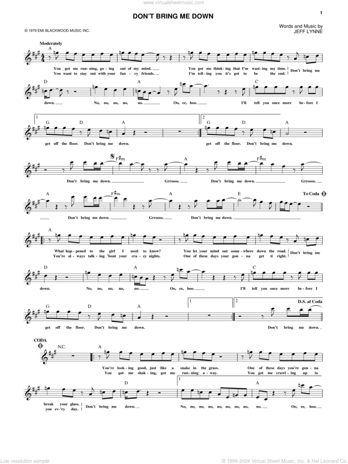 Don't Bring Me Down sheet music for voice and other instruments (fake book) by Electric Light Orchestra and Jeff Lynne, intermediate skill level