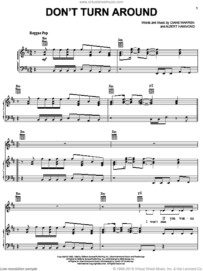 Don't Turn Around sheet music for voice, piano or guitar by Ace Of Base, Aswad, Neil Diamond, Albert Hammond and Diane Warren, intermediate skill level