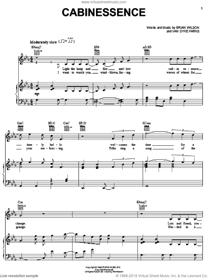 Cabinessence sheet music for voice, piano or guitar by Brian Wilson, The Beach Boys and Van Dyke Parks, intermediate skill level