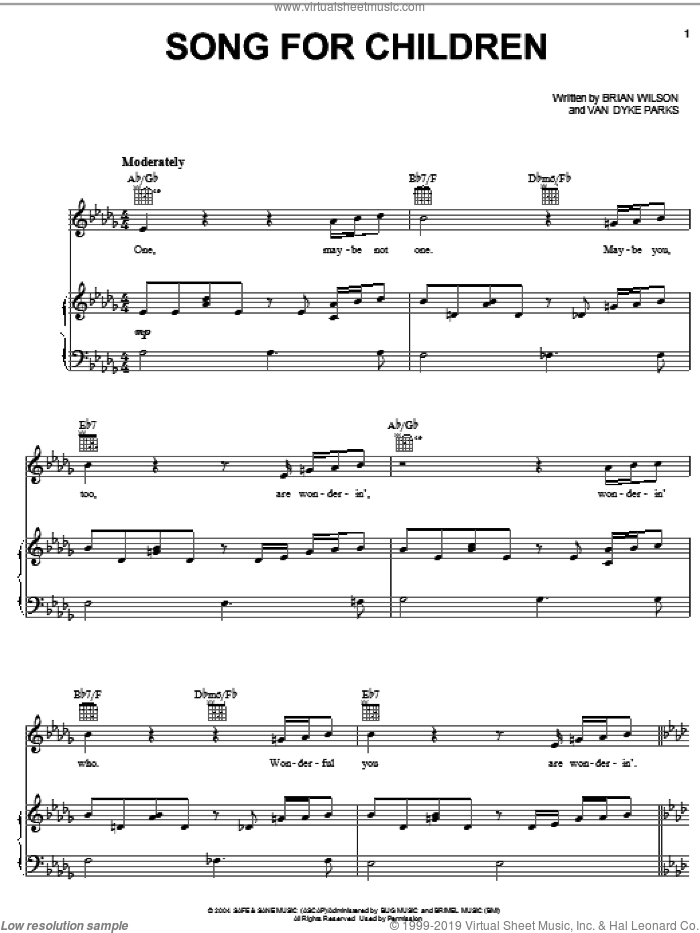 Song For Children sheet music for voice, piano or guitar by Brian Wilson and Van Dyke Parks, intermediate skill level