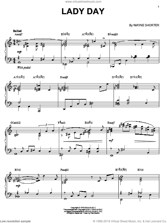 Lady Day sheet music for piano solo by Wayne Shorter, intermediate skill level