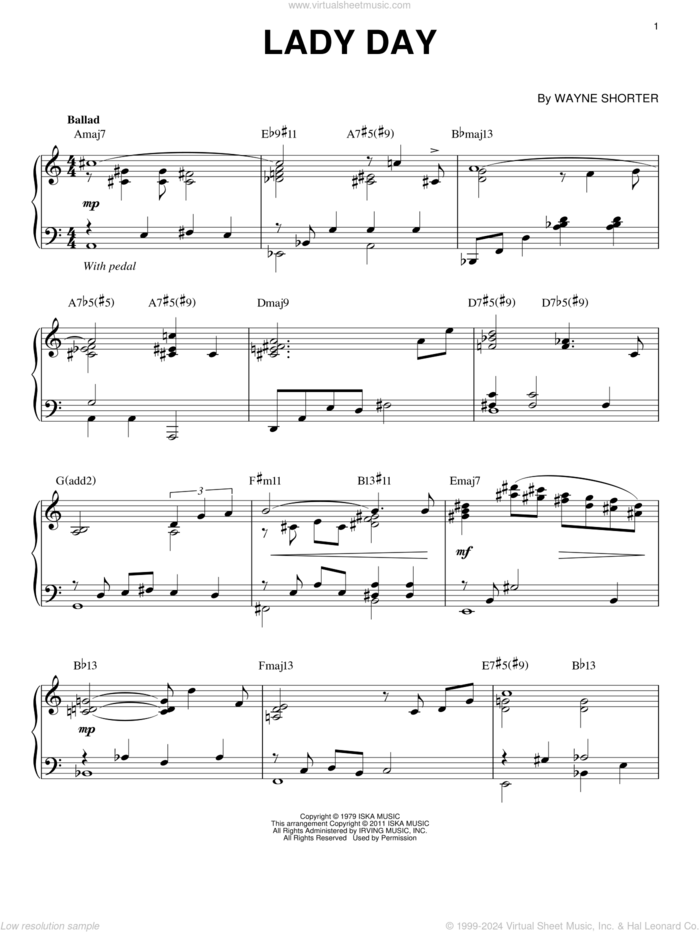 Lady Day sheet music for piano solo by Wayne Shorter, intermediate skill level