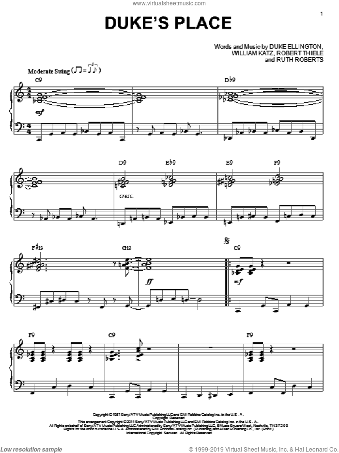 Duke's Place (arr. Brent Edstrom) sheet music for piano solo by Duke Ellington, Bob Thiele, Ruth Roberts and William Katz, intermediate skill level
