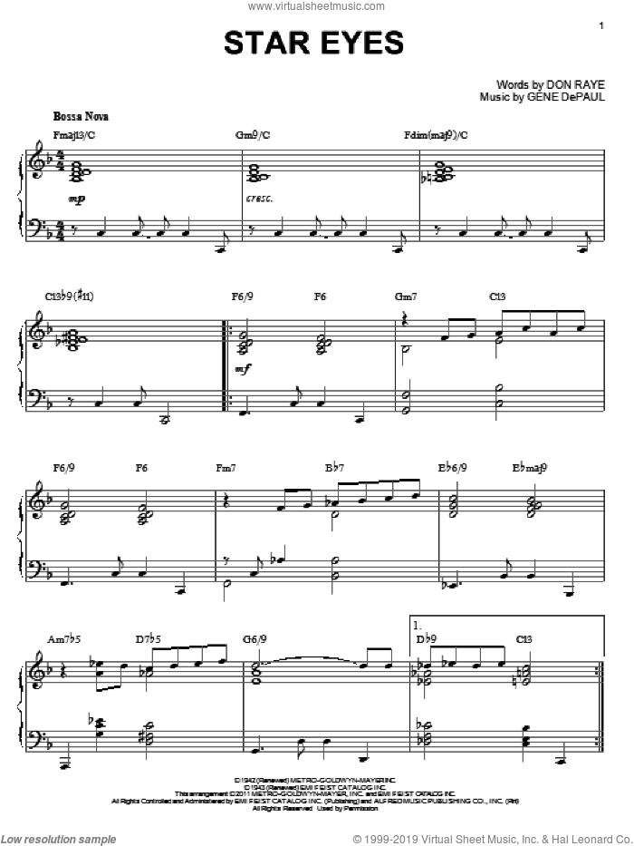 Star Eyes (arr. Brent Edstrom) sheet music for piano solo by Charlie Parker, Don Raye and Gene DePaul, intermediate skill level