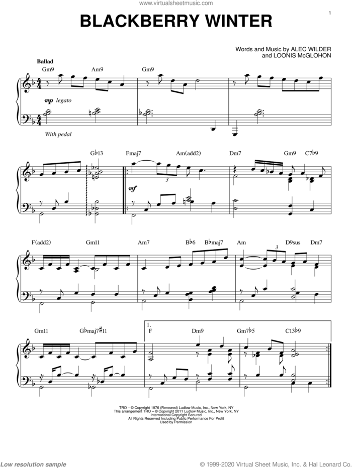 Blackberry Winter (arr. Brent Edstrom) sheet music for piano solo by Alec Wilder and Loonis McGlohon, intermediate skill level