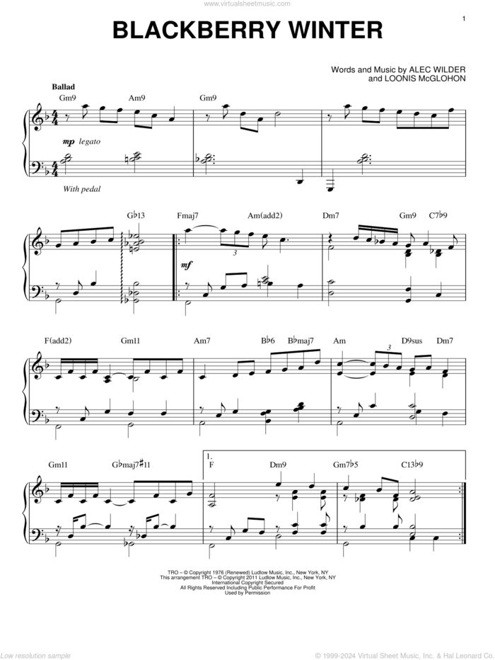 Blackberry Winter (arr. Brent Edstrom) sheet music for piano solo by Alec Wilder and Loonis McGlohon, intermediate skill level