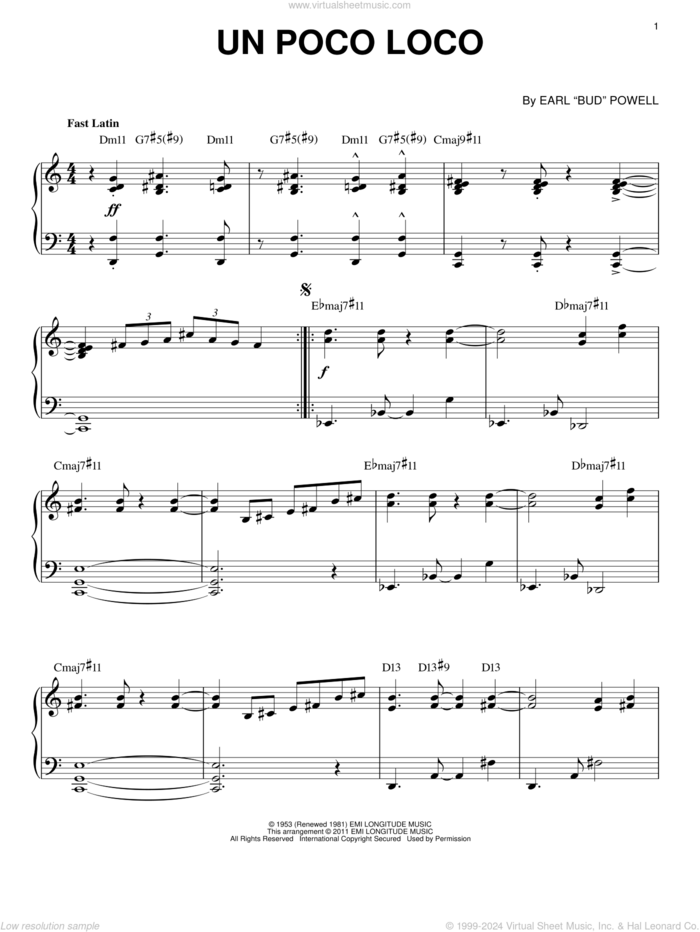 Un Poco Loco (arr. Brent Edstrom) sheet music for piano solo by Bud Powell, intermediate skill level