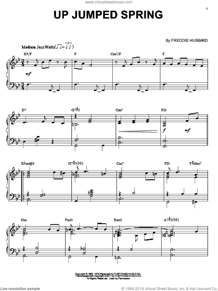 Up Jumped Spring (arr. Brent Edstrom) sheet music for piano solo by Freddie Hubbard, intermediate skill level