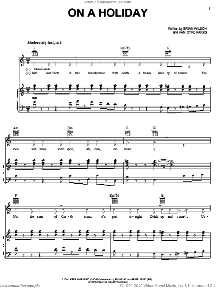 On A Holiday sheet music for voice, piano or guitar by Brian Wilson and Van Dyke Parks, intermediate skill level