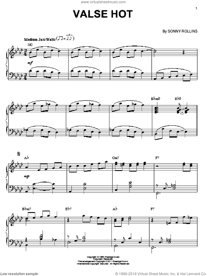 Valse Hot (arr. Brent Edstrom) sheet music for piano solo by Sonny Rollins, intermediate skill level