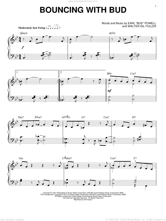 Bouncing With Bud (arr. Brent Edstrom) sheet music for piano solo by Bud Powell and Walter Gil Fuller, intermediate skill level