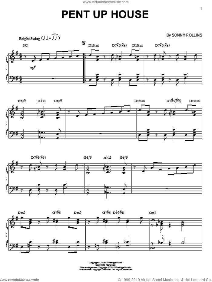 Pent Up House (arr. Brent Edstrom) sheet music for piano solo by Sonny Rollins, intermediate skill level