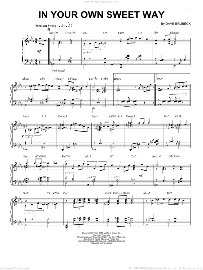 In Your Own Sweet Way (arr. Brent Edstrom) sheet music for piano solo by Dave Brubeck, intermediate skill level