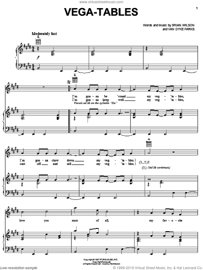 Vega-Tables sheet music for voice, piano or guitar by Brian Wilson and Van Dyke Parks, intermediate skill level