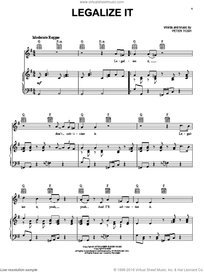 Legalize It sheet music for voice, piano or guitar by Peter Tosh, intermediate skill level
