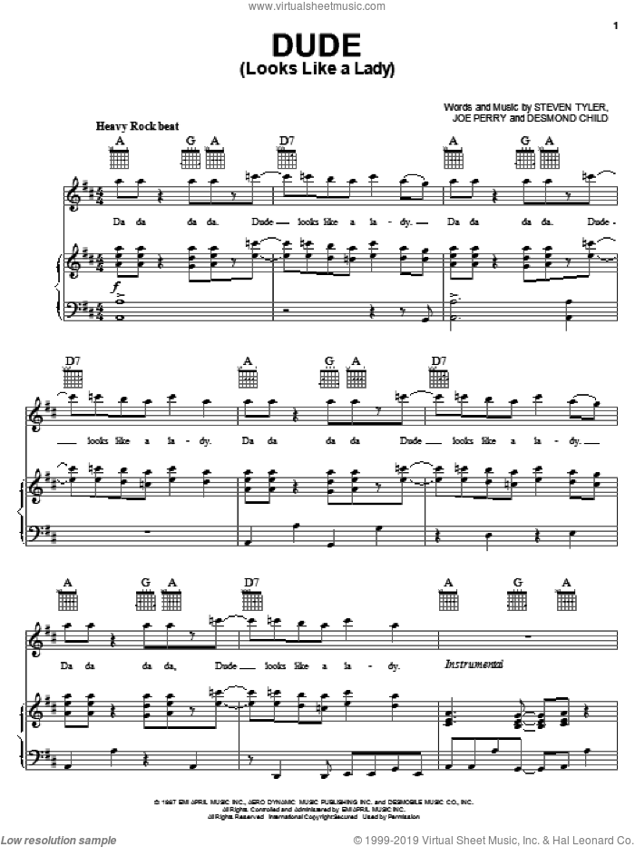 Dude (Looks Like A Lady) sheet music for voice, piano or guitar by Aerosmith, Desmond Child, Joe Perry and Steven Tyler, intermediate skill level