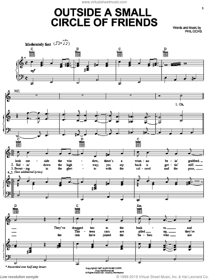 Outside Of A Small Circle Of Friends sheet music for voice, piano or guitar by Phil Ochs, intermediate skill level