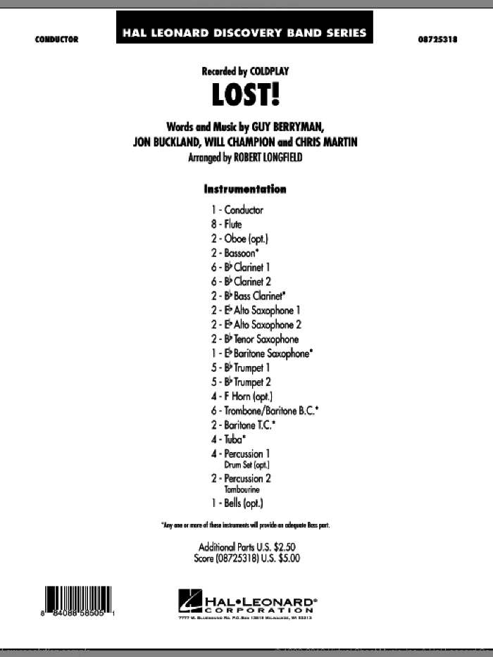 Lost! (COMPLETE) sheet music for concert band by Guy Berryman, Chris Martin, Jon Buckland, Will Champion, Coldplay and Robert Longfield, intermediate skill level