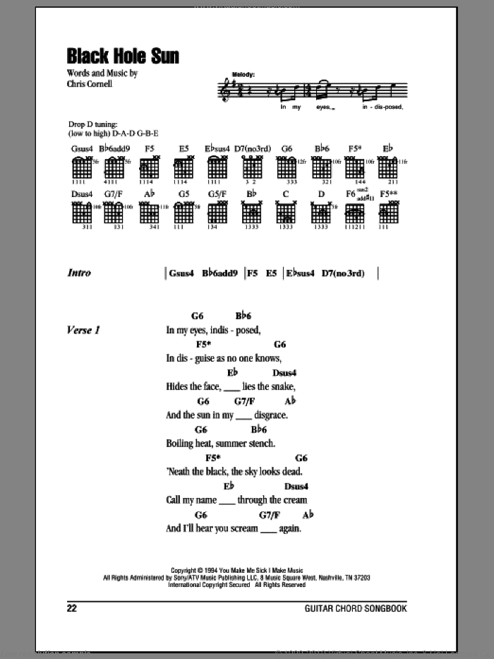 Black Hole Sun sheet music for guitar (chords) by Soundgarden and Chris Cornell, intermediate skill level