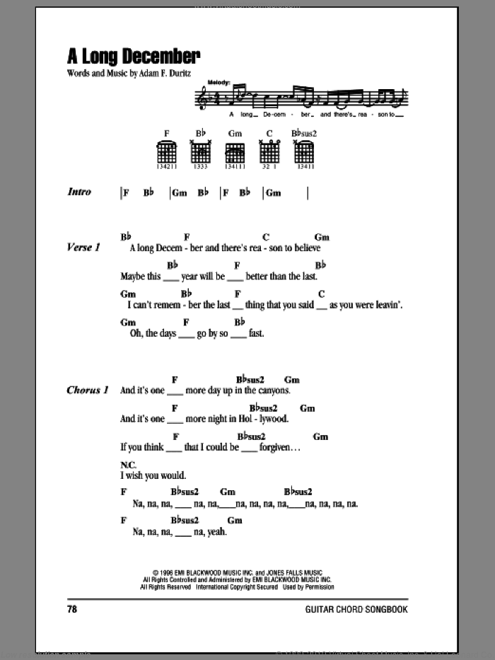 A Long December sheet music for guitar (chords) by Counting Crows and Adam Duritz, intermediate skill level