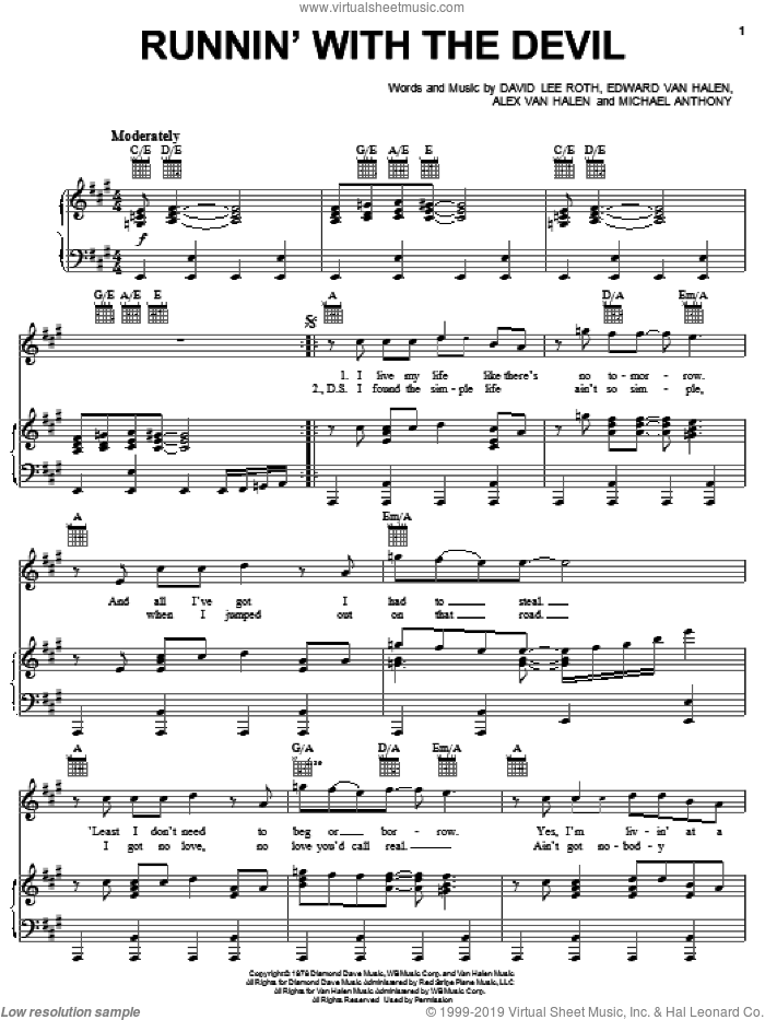 Runnin' With The Devil sheet music for voice, piano or guitar by Edward Van Halen, Alex Van Halen, David Lee Roth and Michael Anthony, intermediate skill level