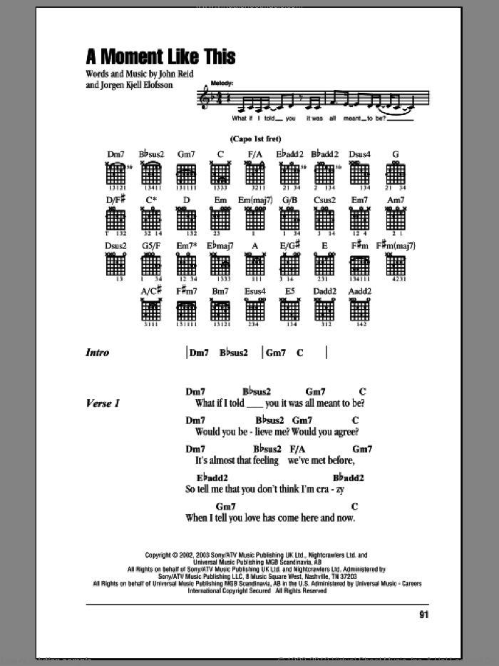 A Moment Like This sheet music for guitar (chords) by Kelly Clarkson, John Reid and Jorgen Elofsson, intermediate skill level