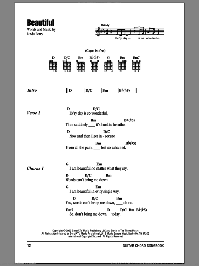 Beautiful sheet music for guitar (chords) by Christina Aguilera and Linda Perry, intermediate skill level