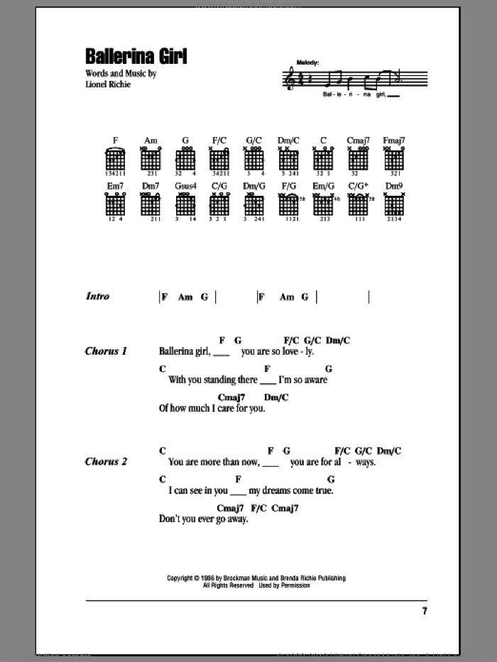 Ballerina Girl sheet music for guitar (chords) by Lionel Richie, intermediate skill level