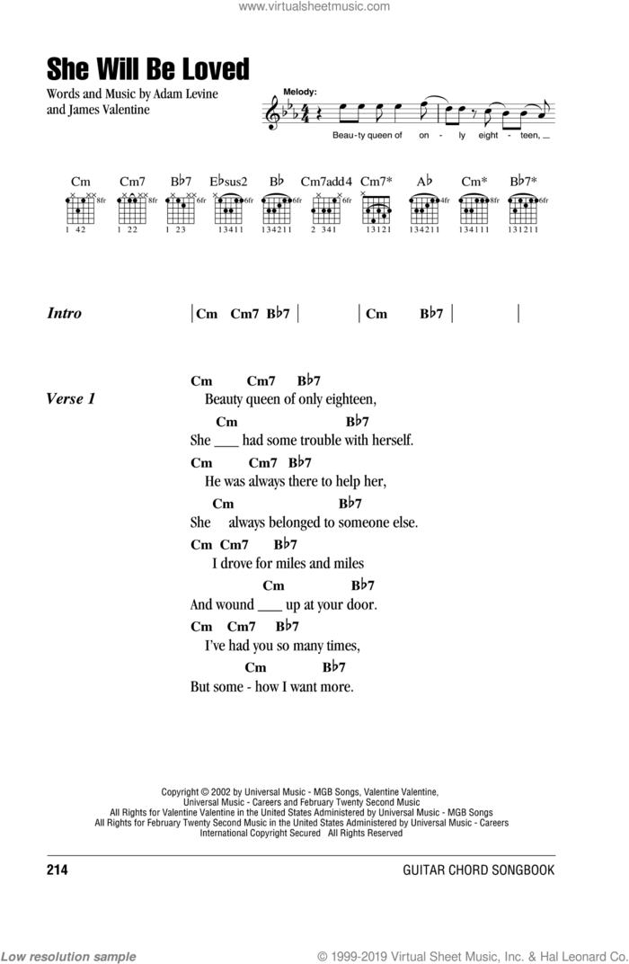 She Will Be Loved sheet music for guitar (chords) by Maroon 5, Adam Levine and James Valentine, intermediate skill level