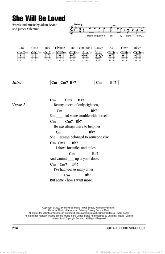 She Will Be Loved sheet music for guitar (chords) by Maroon 5, Adam Levine and James Valentine, intermediate skill level