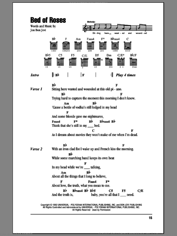 Bed Of Roses sheet music for guitar (chords) by Bon Jovi, intermediate skill level