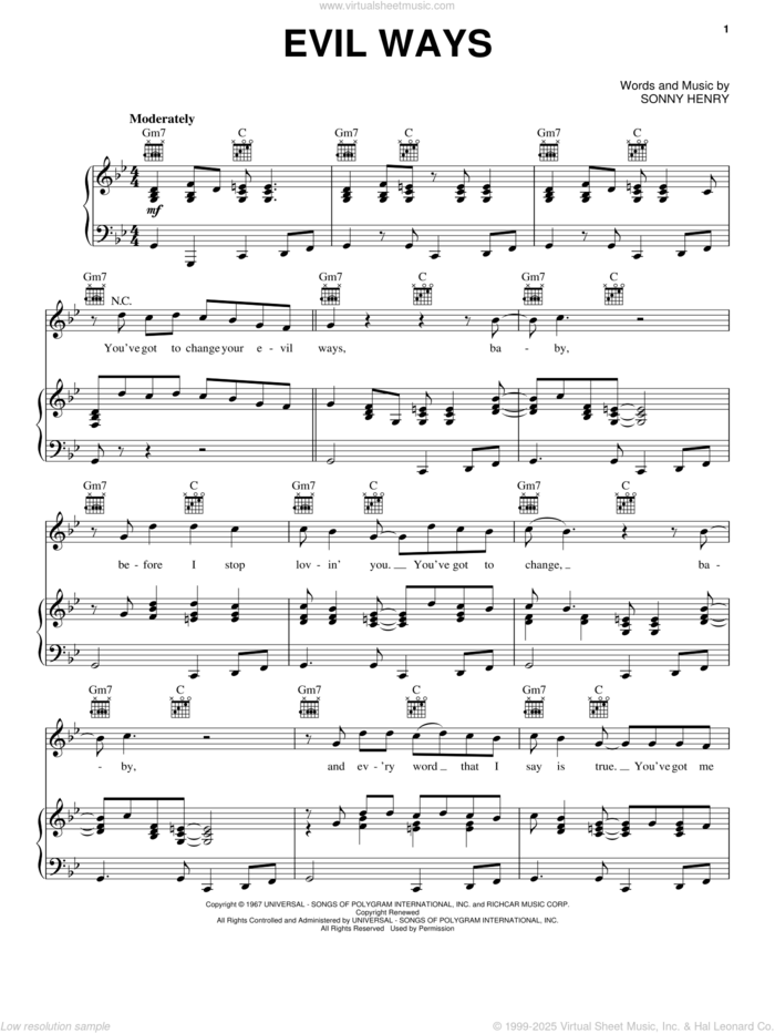 Evil Ways sheet music for voice, piano or guitar by Carlos Santana and Sonny Henry, intermediate skill level