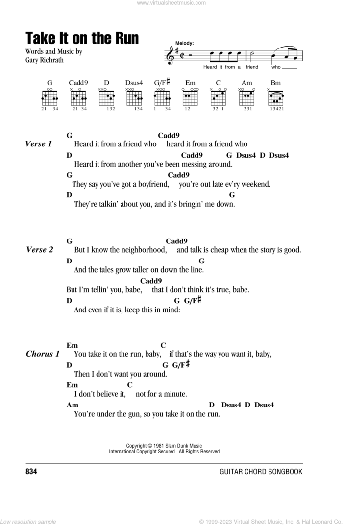 Take It On The Run sheet music for guitar (chords) by REO Speedwagon and Gary Richrath, intermediate skill level