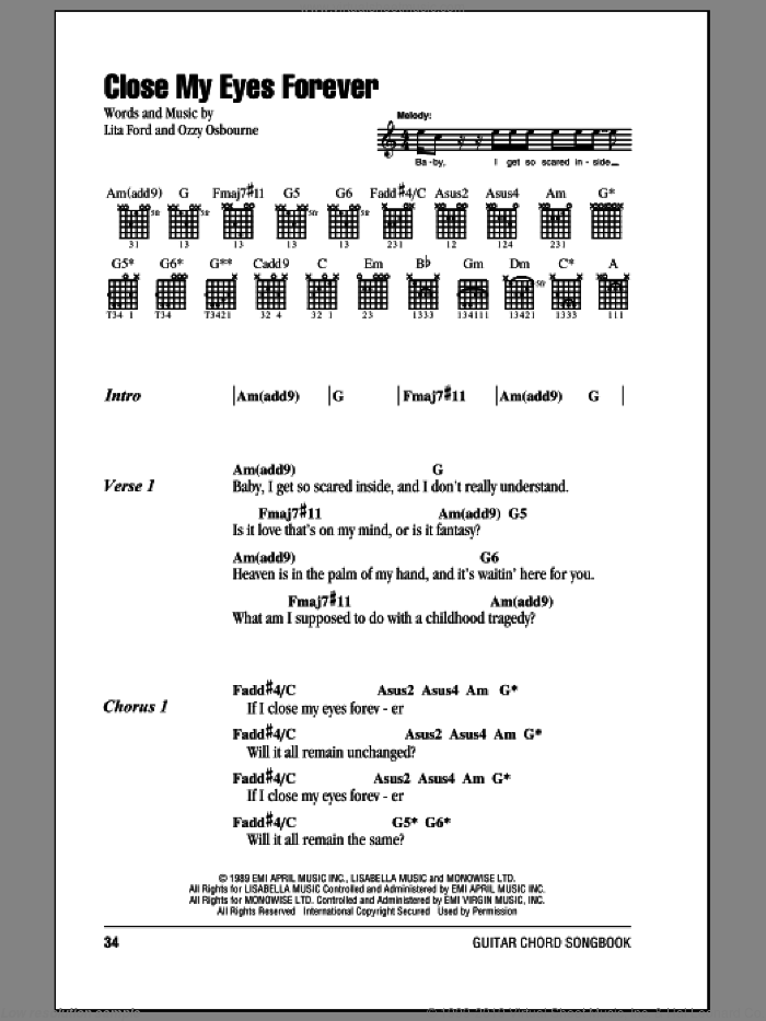 Close My Eyes Forever sheet music for guitar (chords) by Ozzy Osbourne and Lita Ford, intermediate skill level