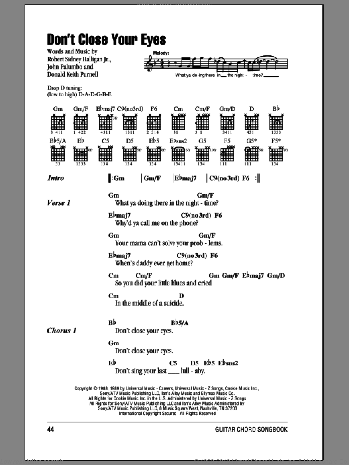 Don't Close Your Eyes sheet music for guitar (chords) by Kix, Donald Keith Purnell, John Palumbo and Robert Sidney Halligan Jr., intermediate skill level