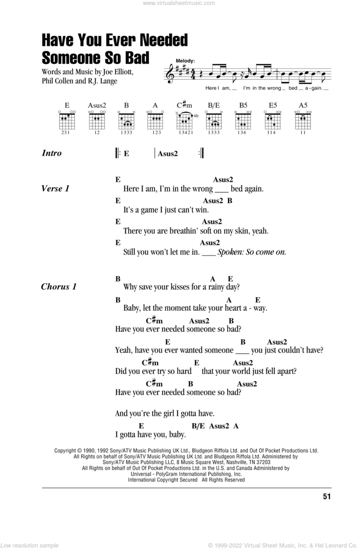 Have You Ever Needed Someone So Bad sheet music for guitar (chords) by Def Leppard, Joe Elliott, Phil Collen and Robert John Lange, intermediate skill level