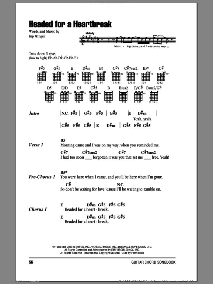 Headed For A Heartbreak sheet music for guitar (chords) by Winger and Kip Winger, intermediate skill level